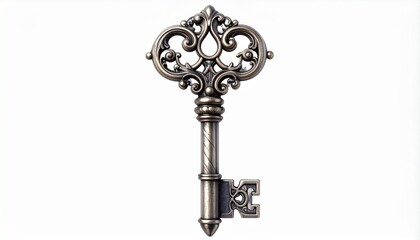 Obraz premium Render an ornate vintage key with intricate scrollwork on the bow, segmented shaft, and stylized bit, isolated on a clean surface to emphasize elegance, mystery, and historical craftsmanship.