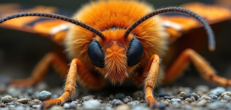 Macro view of Regal Moth Citheronia regalis. Orange insect with black stripes on antennae and fuzzy body. Large black eyes focus forward. Detailed tiny legs on pebbled ground.