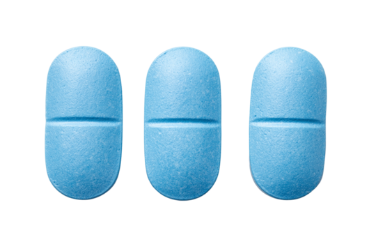 Three light blue pharmaceutical pills isolated on transparent background, Clipart png
