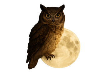 Obraz premium Owl standing on a full moon during night on transparent background