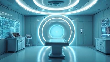 Futuristic medical room with glowing advanced scanner for diagnostics. Bright blue lights illuminate modern high tech health equipment, diagnostic displays. Empty clinic interior shows future