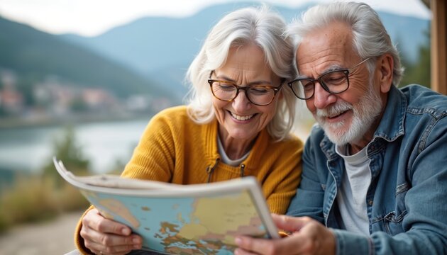 Smiling elderly couple with glasses studies world map together on a sunny day. Seniors plan vacation trip at home or outdoors, enjoying togetherness and planning future adventure.