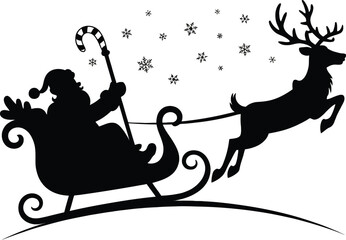 Festive santa claus and reindeer sleigh ride illustration on transparent background silhouette