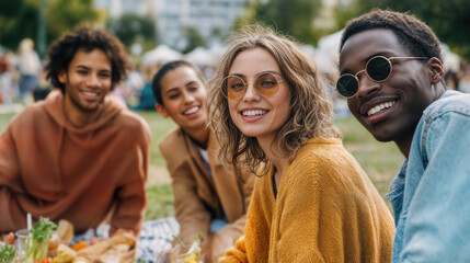 A diverse group of friends gathered in a park, basking in the sunshine and enjoying a picnic together. The atmosphere exudes happiness and camaraderie. 
