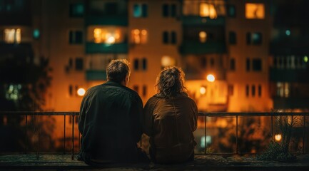 Fototapeta premium Two individuals embrace in a quiet moment overlooking a city at night, their backs turned towards the viewer, the city lights creating a beautiful scene