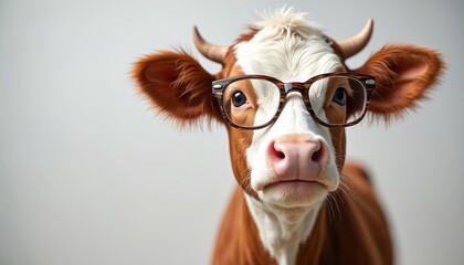 Cow wearing square glasses looking directly at camera. Brown, white cow with horns on white background. Funny animal portrait with eyewear. Cow face close-up. Animal with glasses. Cow eyes looking at