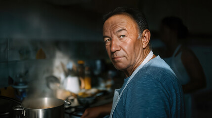 A focused chef diligently preparing a meal, creating an inviting scene of culinary skill in his kitchen setting