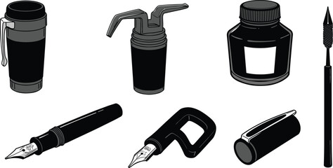 Vector illustration of fountain pens, ink bottle, calligraphy tools, writing equipment, and accessories in black and white, isolated clipart.