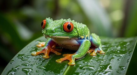 Fototapeta premium Vibrant Green Red-Eyed Tree Frog Resting on a Wet Leaf in a Lush Forest