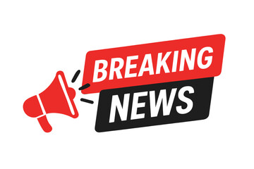 Breaking news banner template with megaphone icon for announcement and promotion. Live report, hot news broadcast concept. Journalism and media alert vector label set.