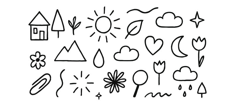 Large Hand-Drawn Doodle Vector Set of Nature, Weather, and Office Symbols Including House, Sun, Clouds, Trees, Flowers, Heart, Moon, and Paperclip for Design Elements

