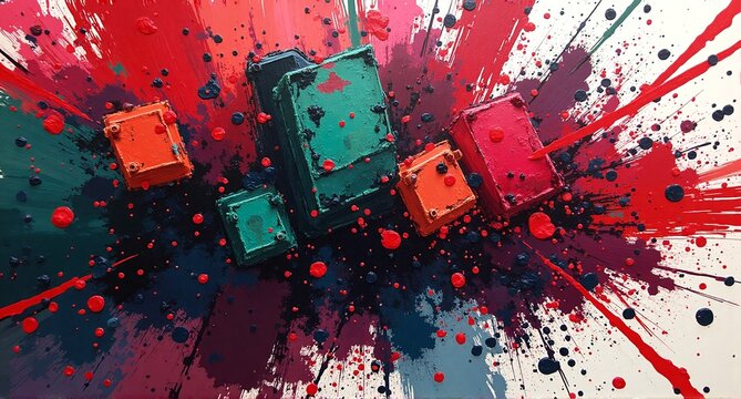 Vibrant abstract art featuring colorful blocks amidst an energetic explosion of paint splatters, creating a dynamic and modern visual.