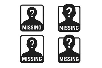 Missing person icon set. Lost anonymous human silhouette. Unidentified person with question mark head. Search, wanted poster, investigation, alert, notice concept. Vector symbol.