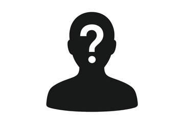 Missing person icon, anonymous user silhouette with question mark. Unknown identity concept. Lost person graphic for help, search, faq, support. Who is this vector?