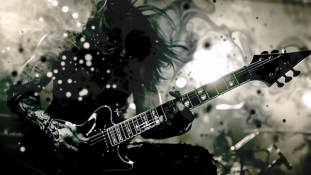 Masked guitarist performs aggressive heavy metal music alongside a drummer, capturing an intense and raw stage presence