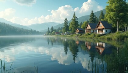 Fototapeta premium Tranquil lakeside homes reflect in calm water with mountains, trees, and sky. Peaceful village scenery offers quiet serenity on a clear day.