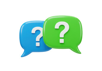 Isolated question marks inside blue and green speech bubbles suggest asking questions often