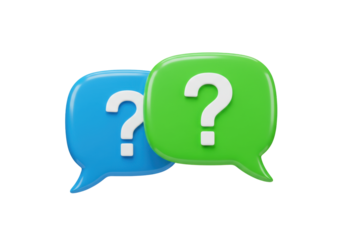 Isolated question marks inside blue and green speech bubbles suggest asking questions often