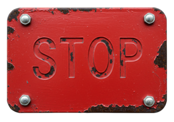 Isolated old red metal stop sign with mounting bolts, grungy paint peeling, aged industrial design