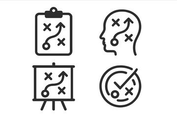 Strategic planning icons set with arrows and paths, vector illustration of business tactics and decision-making, transparent background, diagram symbols for strategy, leadership, and goal achievement