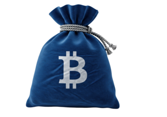 Isolated blue velvet pouch with bitcoin symbol and braided cord holds digital crypto funds