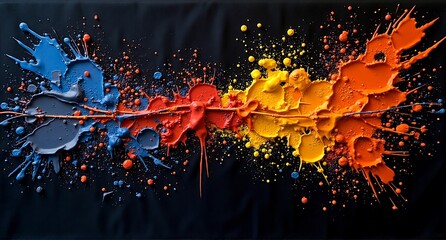 Colorful abstract art featuring dynamic paint splatters in a vibrant gradient from blue to red and yellow on a dark background.