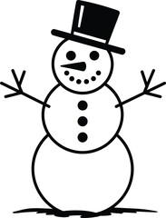 Simple black snowman with top hat and friendly face on transparent background silhouette