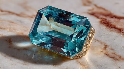 Exquisite aquamarine gemstone glistens on a marbled surface, framed by delicate gold and dazzling diamonds, showcasing its captivating beauty and elegance.
