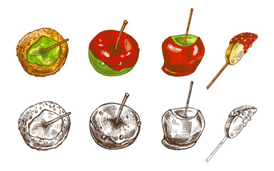Hand drawn vintage sketch set of caramel and candy apples on stick with nuts, color and monochrome version