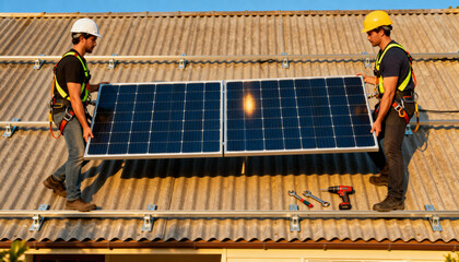 professional workers installing photovoltaic solar panels on a metal rooftop under clear skies. 