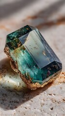 A vibrant, translucent green and blue Tourmaline crystal, displayed with its natural matrix, catches the sunlight on a textured stone surface beautifully.