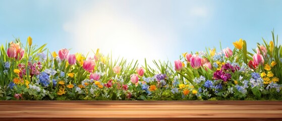 The Flowerbed of Colorful Tulips and Spring Blooms on a Sunny Wooden Ledge
