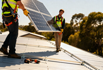 professional workers installing photovoltaic solar panels on a metal rooftop under clear skies. 