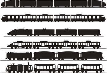 Set of electric and diesel trains illustrated on white

