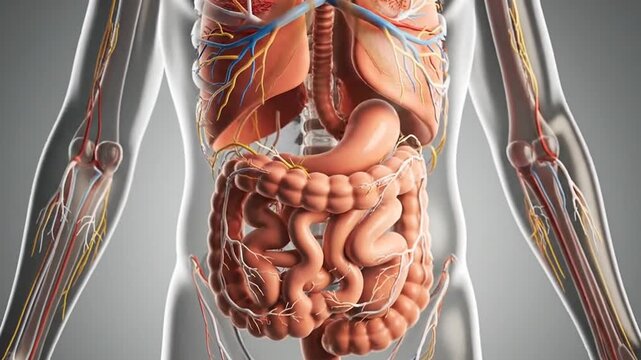 Detailed Anatomical Illustration of Human Digestive System with Realistic Textures on a Grey Background Medical Visual
