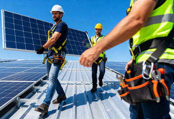 professional workers installing photovoltaic solar panels on a metal rooftop under clear skies. 