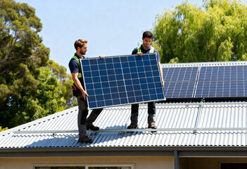 professional workers installing photovoltaic solar panels on a metal rooftop under clear skies. 