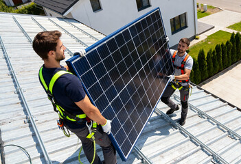 professional workers installing photovoltaic solar panels on a metal rooftop under clear skies. 