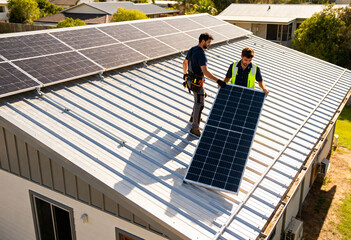professional workers installing photovoltaic solar panels on a metal rooftop under clear skies. 