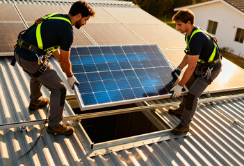 professional workers installing photovoltaic solar panels on a metal rooftop under clear skies. 