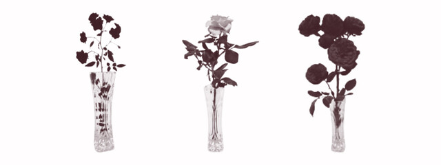 Glass vase with a bouquet of roses. Contemporary collage art, paper cutouts of floral arrangements. A branch of roses, glass vase, flowering plant in a vase. Composition, interior decoration. Vector.