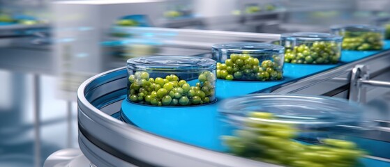 The glass jars on an automated conveyor belt carrying green olives