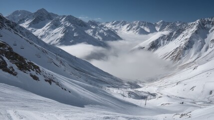 Majestic panorama of the snowy mountains with chairlifts and a valley shrouded in clouds on a clear winter day