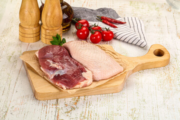 Raw duck breast over board