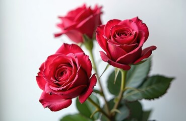 Three deep red roses with green leaves on white background. Close-up view shows detailed petals and buds, perfect for romantic themes and floral decor.