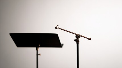 Obraz premium Microphone on stand with sheet music stand against plain background