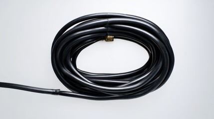 Coiled black hose with brass fitting on light background for various applications