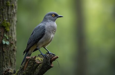 Grey bird with orange eye perches on mossy branch in rich green forest. Side view of avian wildlife in natural habitat. Birding, nature photography, ornithology closeup.