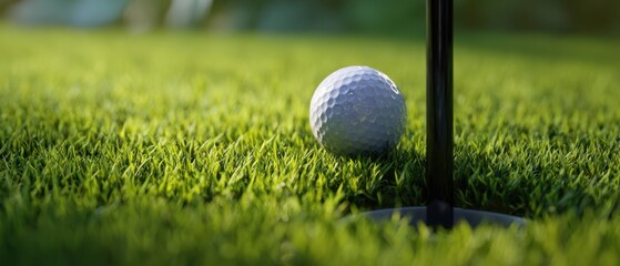 The Golf Ball Nestled Beside the Flagstick at the Edge of the Hole on Green