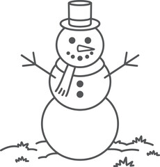 Simple black and white snowman illustration with hat scarf and arms on transparent background silhouette